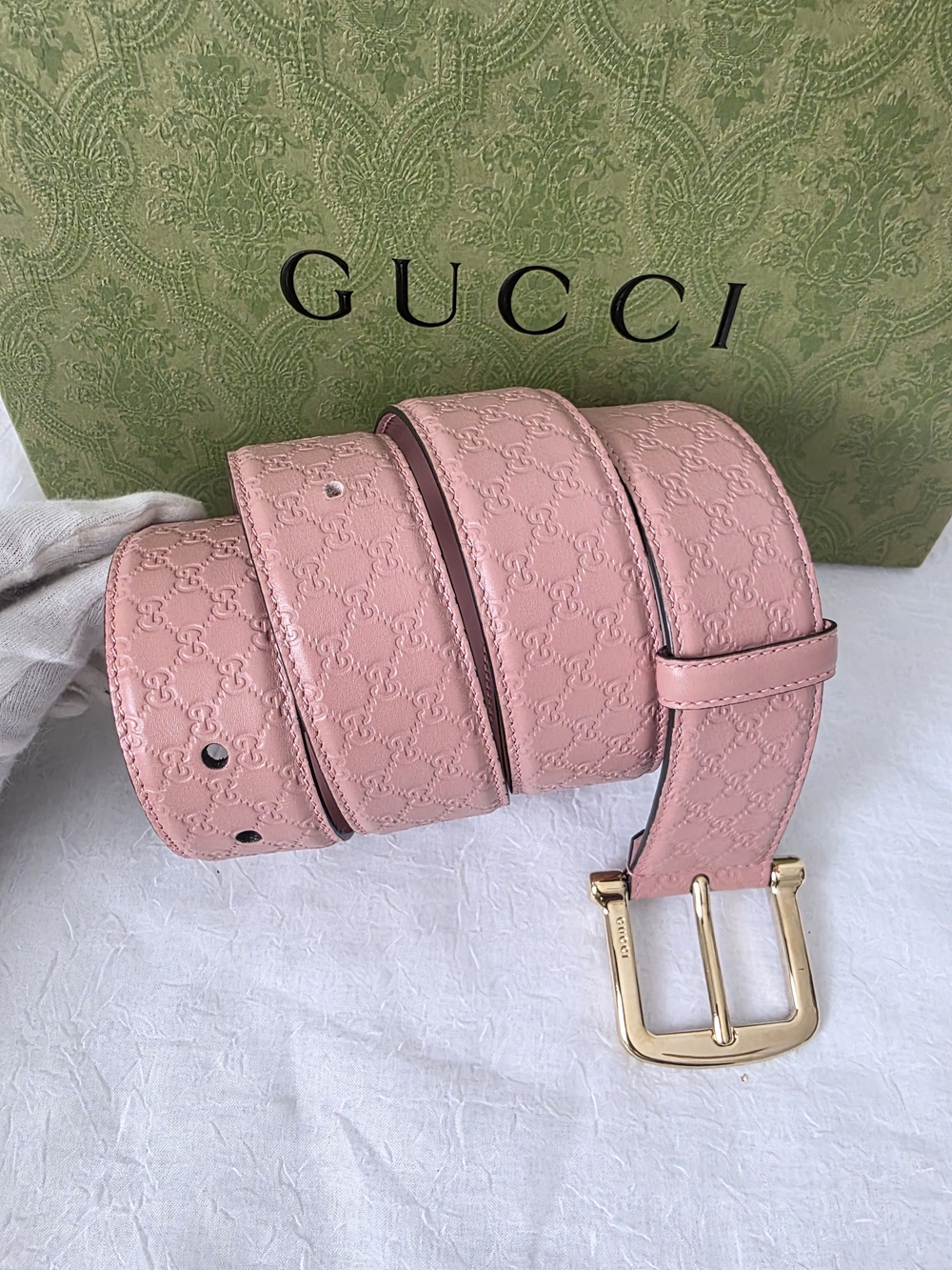 Auth Gucci Guccissima Pink Leather Belt with Gold-Tone Buckle